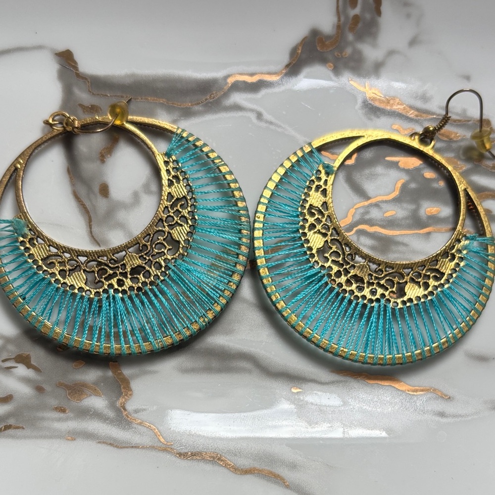 Elegant Gold and Turquoise Hoop threadedEarrings